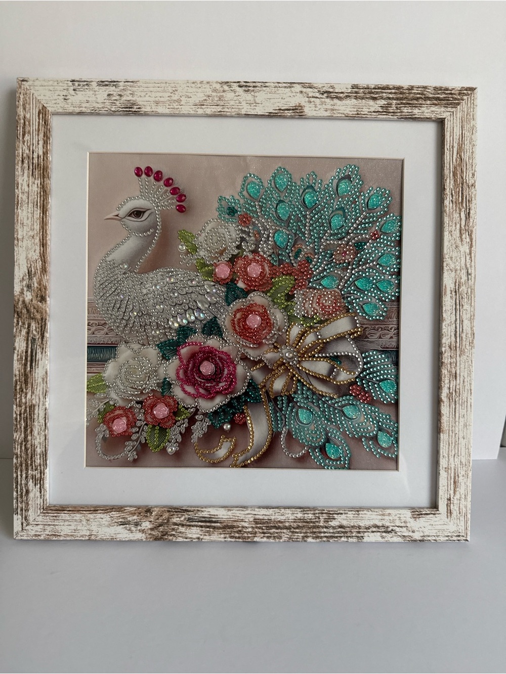Framed Beaded Peacock Wall Art – Dimensional Rhinestone Floral Decor